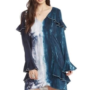 Chaser Women's Long Sleeve V-neck Ruffle Tie Dye Mini Dress Green/Blue Sz M NWT